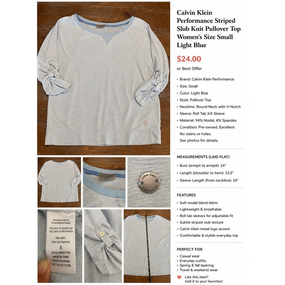 Calvin Klein Performance Blue Knit Top Small